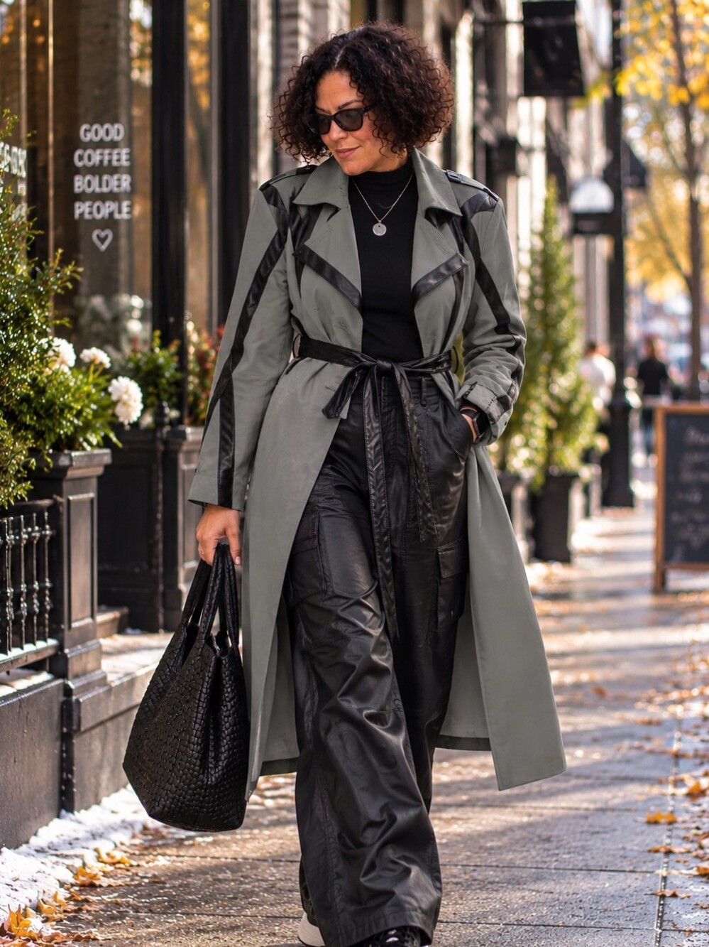 Ashley Stewart Gray Trench Coat with Black Trim and Belt